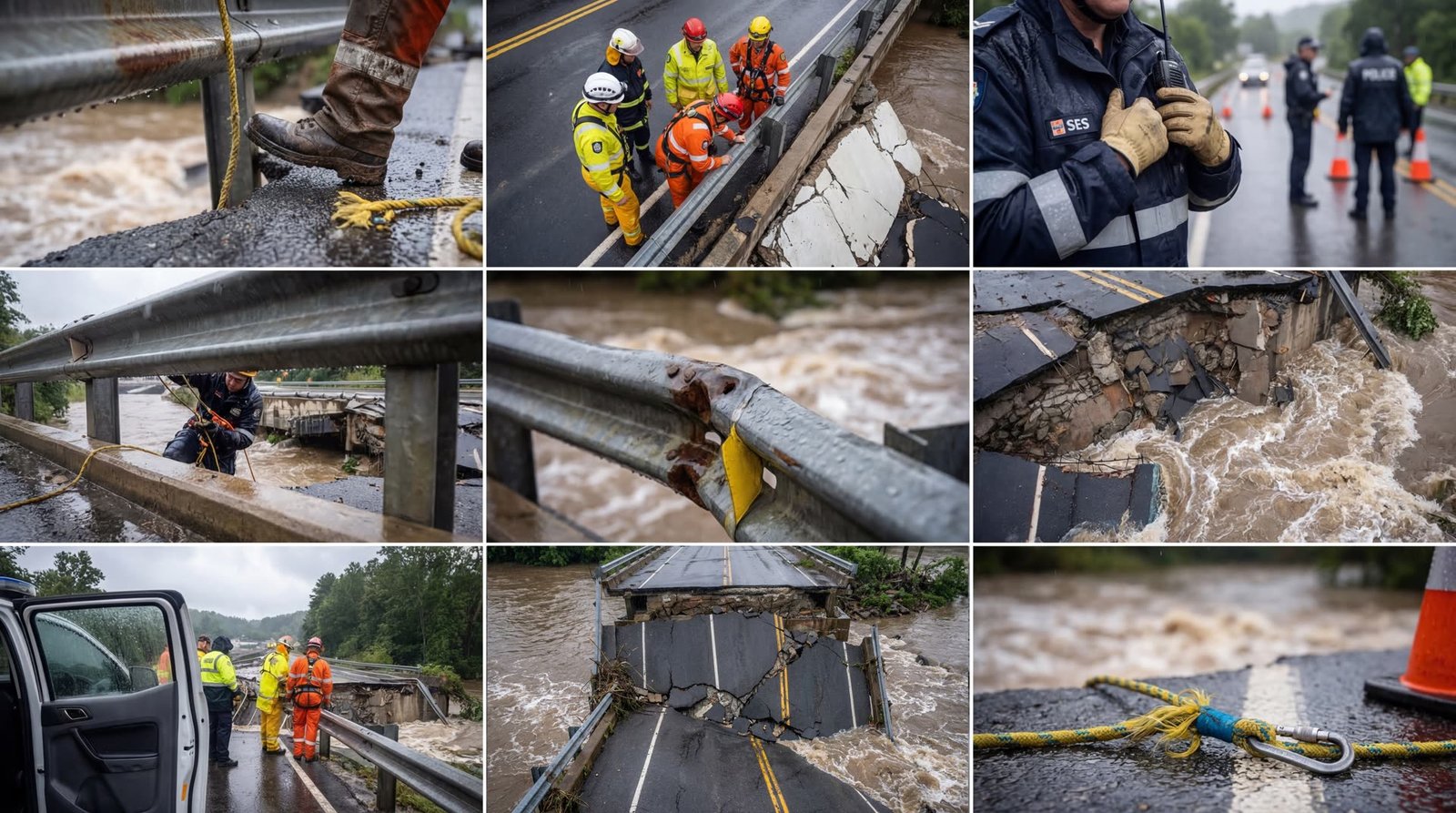 Nine more angles of the flood-damaged bridge, with crews